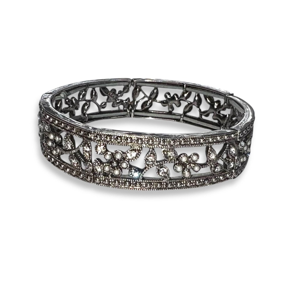 Vintage Monet Bracelet‎ Stretch Bangle Silver Tone Faux Pearls